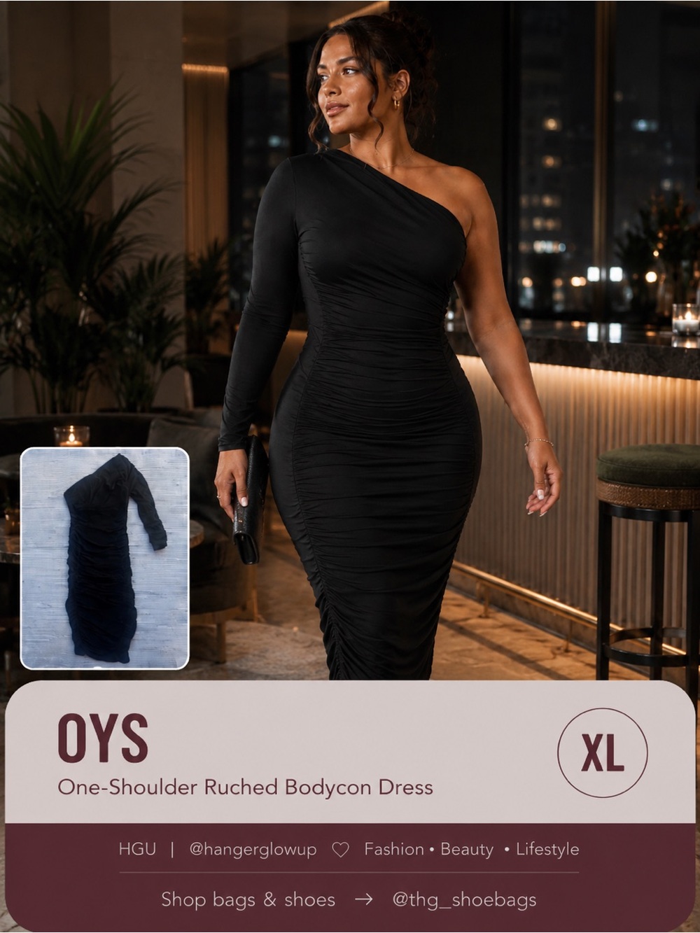 OYS Black One Shoulder Ruched Double Layer Bodycon Dress XL NWOT